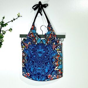 Tropical Tie Back Tankini Swim Top Blue Orange